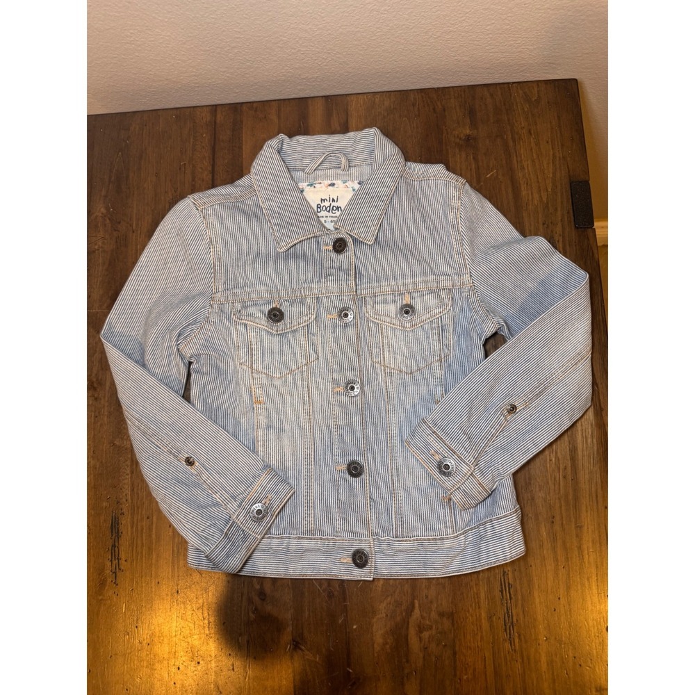 Mini Boden Kids Blue White Hickory Stripe Denim Trucker Jacket Size 5-6Y floral‎